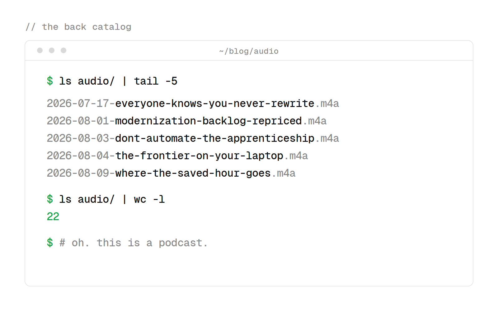 Terminal listing of the audio folder: the five most recent episode files, a count of 22, and the realization that this is a podcast.