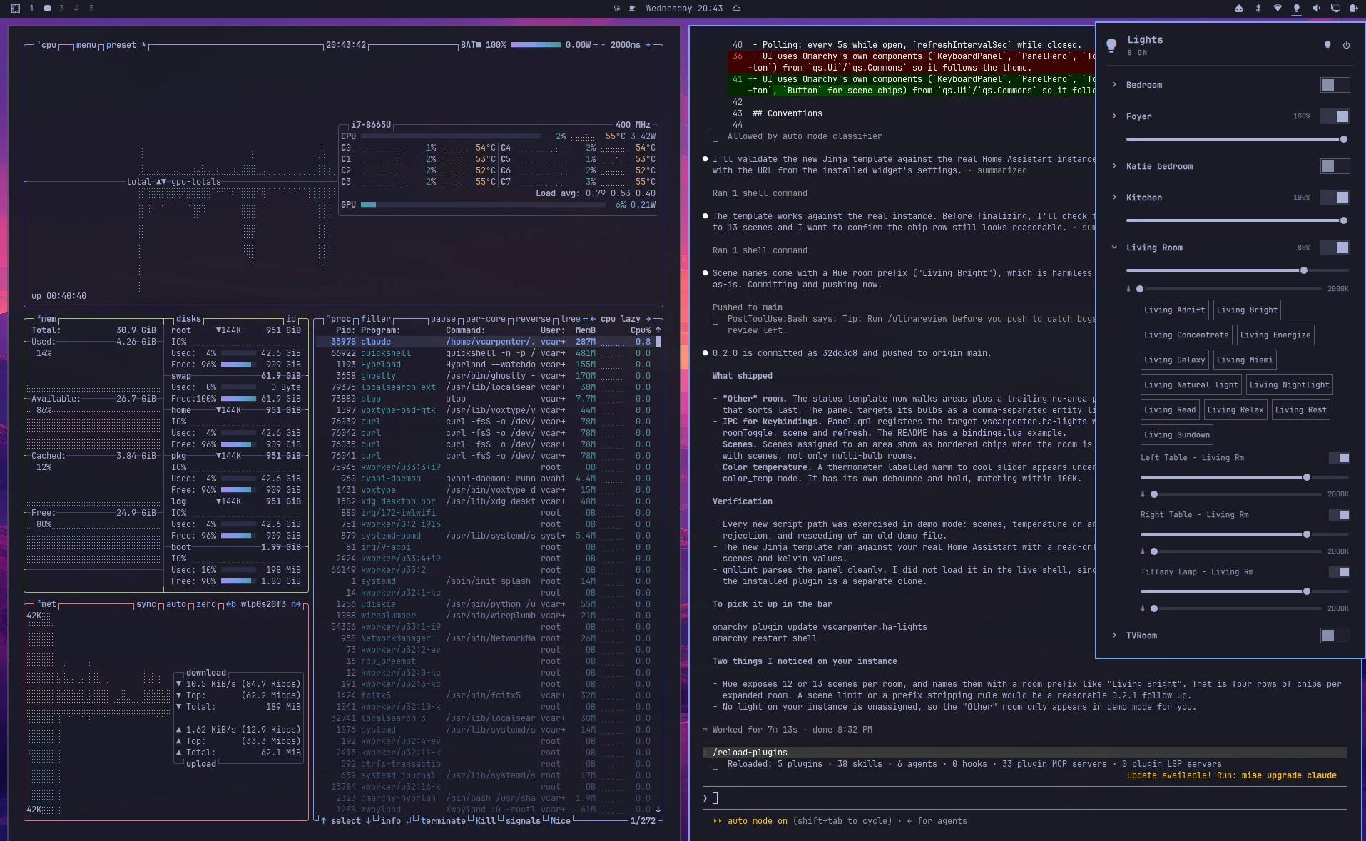 Omarchy desktop on a Tokyo Night theme with btop on the left, Claude Code committing the Home Assistant widget on the right, and the lights panel open from the bar showing rooms, brightness sliders, and scene chips