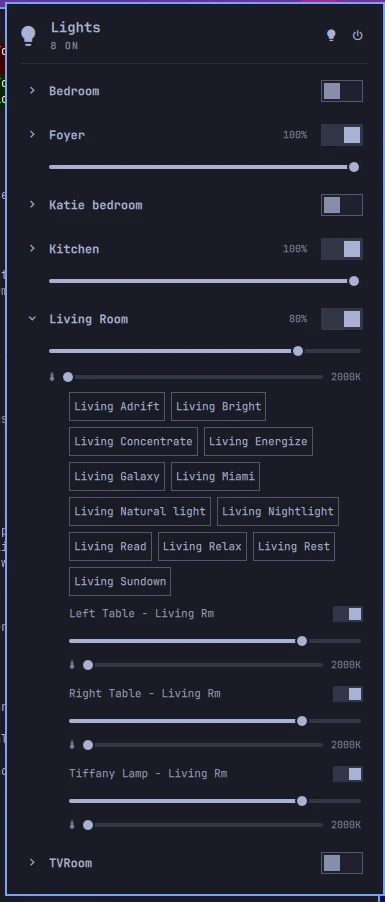 The Home Assistant lights panel open below the Omarchy bar, with rooms, brightness sliders, scene chips, and a color-temperature slider